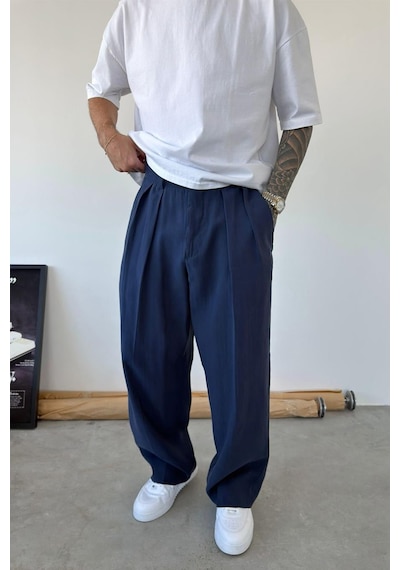 Lacivert Pileli Modal Kumaş Baggy Pantolon Lacivert