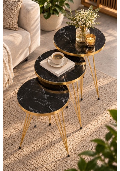Sulorahome Gold Bendir Tel Zigon Sehpa Seti 3'lü Siyah Mermer Desenli