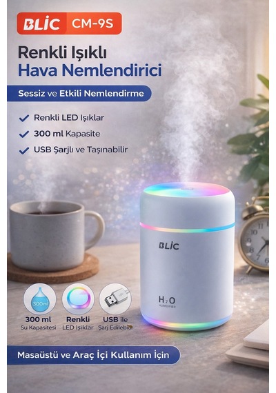 Blic Cm-9s Renkli Işıklı Hava Nemlendirici 300 Ml Usb Şarjlı Mini Masaüstü Nemlendirici