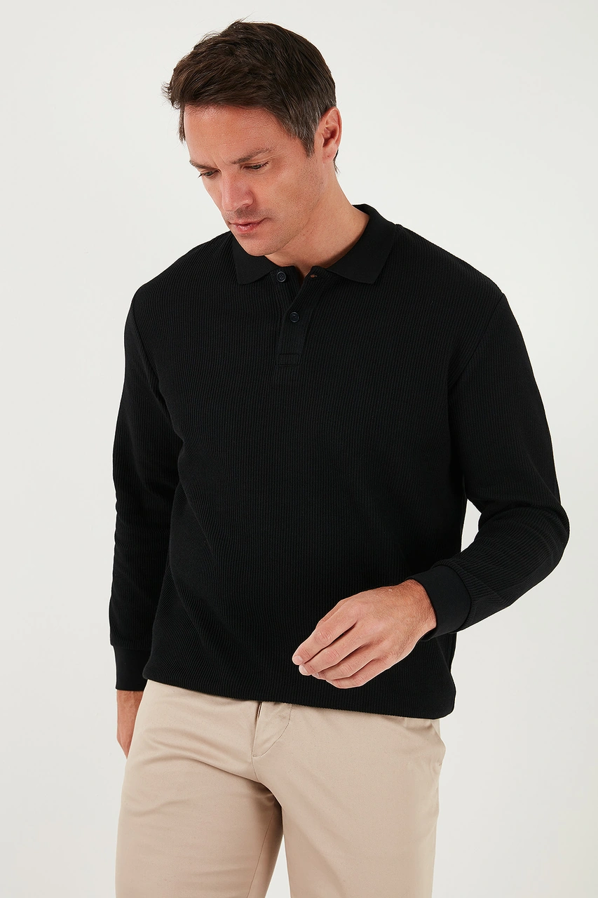 Buratti Pamuklu Regular Fit Düğmeli Polo Yaka Erkek Sweat 5905739 Siyah