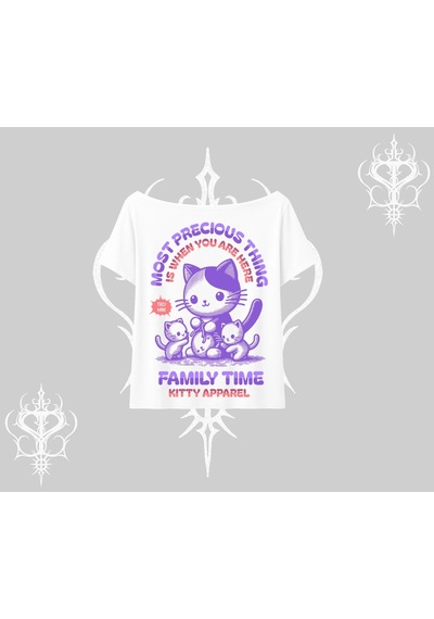 Startmore Startmore Family Time Yazılı Sevimli Anne Kedi Arka Baskılı Kayık Yaka Tshirt Beyaz