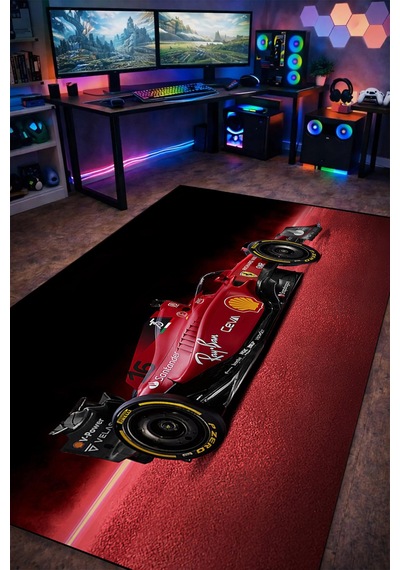 Formula 1 Kırmızı Yarış Arabası Halı Kaymaz Taban Yıkanabilir Salon Halısı F1.10