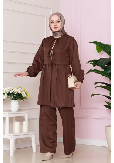 Sevitli Önü Bağlamalı Pantolonlu Takım-kahverengi-4766