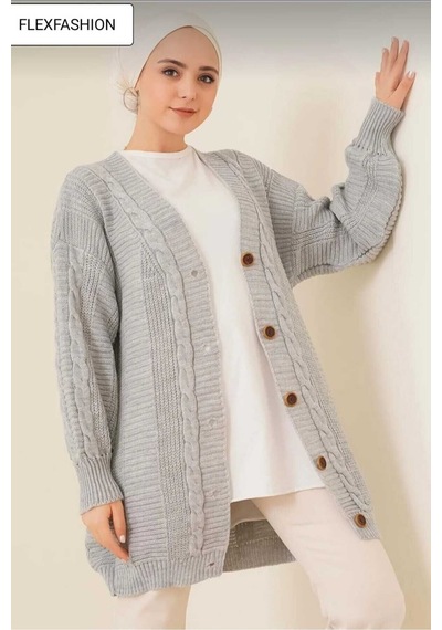 Flex Fashıon Kadın Kışlık Saç Örgü Popüler Trend Gri Renk Triko Hırka Gri - 656385124 Gri - 656385124 gri