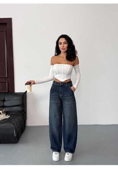Kadın Mavi Eskitmeli Skater Fit Yüksek Bel Pantolon Lacivert-tintli