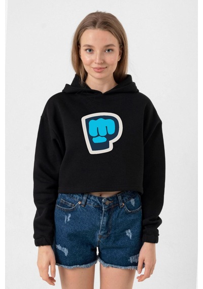 Piewdiepie Active Siyah Kadın Crop Kapşonlu 001