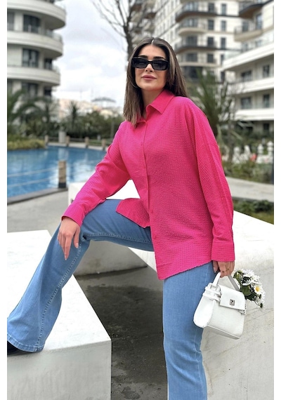 WeShaya Kadın Fuşya Basic Model, Gofre Kumaş, Salaş Gömlek Fuşya