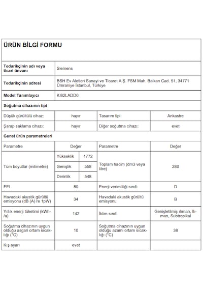 Siemens KI82LADD0 Ankastre Buzdolabı Derin Donduruculu