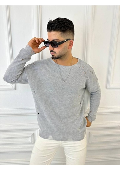 Elku Moda Kazak Naturel Örme Pamuk Tüylenmeyen Yırtık Detaylı Lazer Kesim Triko Kazak Gri