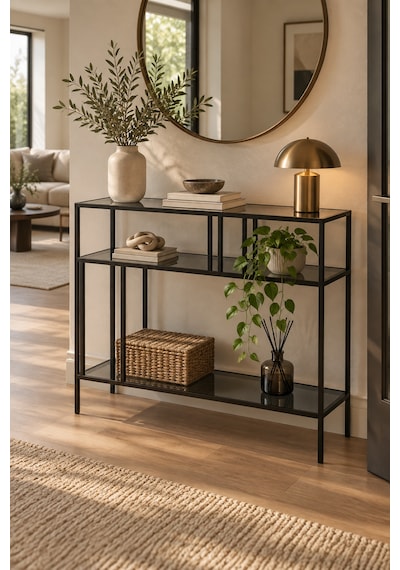 Teknor Siyah Çerçeveli Füme Camlı Modern Salon Konsolu Dresuar