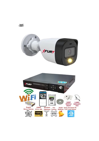 Fury 1 Kameralı 1080p 2mp Görüntü Gece Renkli Full Hd Ultra Led Gece Renkli Güvenlik Kamerası Seti 500gb