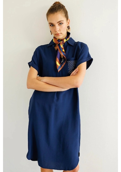 Desen Triko Kadın Polo Yaka Cebi Zincir Detaylı Elbise 25819 Indigo Indigo