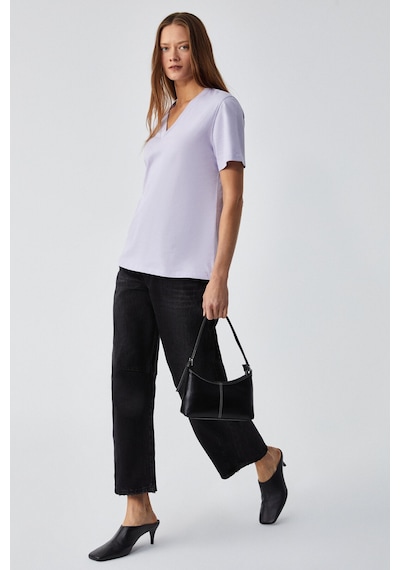 Grımelange Alıne Kadın %100 Organik Pamuk Derin V Yakalı Comfort Fit Lila T-shirt Lila
