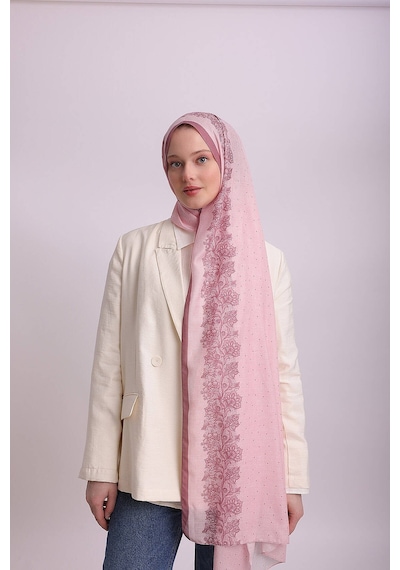 Ayshara Dantel Puan Desenli Tek Taraflı Şal - Pembe