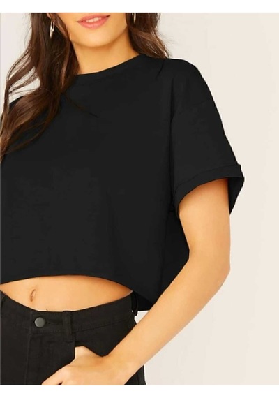 Crop Bisiklet Yaka Örme T-shirt Siyah