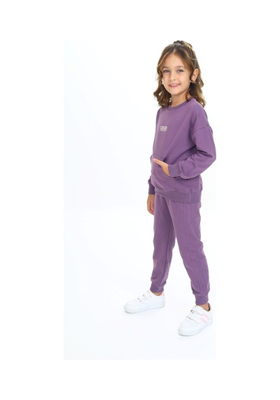 Toontoy Kids Toontoy Kız Çocuk 2'li Takım Nakış Baskılı Bisiklet Yaka Cepli Sweatshirt & Beli Paçası Ribanalı Jogger Eşofman Altı - 2 İplik Mor
