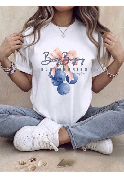 Blue Berrıes Baskılı Oversize Kompak T-shirt Beyaz