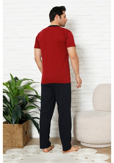 Enisena Erkek %100 Pamuklu Pijama Takımı-3 Düğmeli-yaka Cepli 12384 Bordo