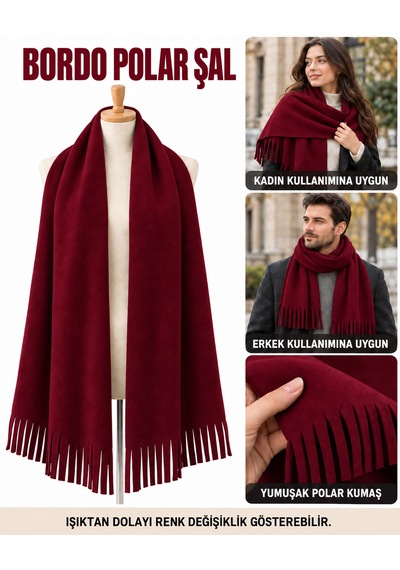 Bigohobi Unisex Polar Şal, Kadın Ve Erkek Kışlık Püsküllü Yumuşak Polar Kumaş Şal Bordo
