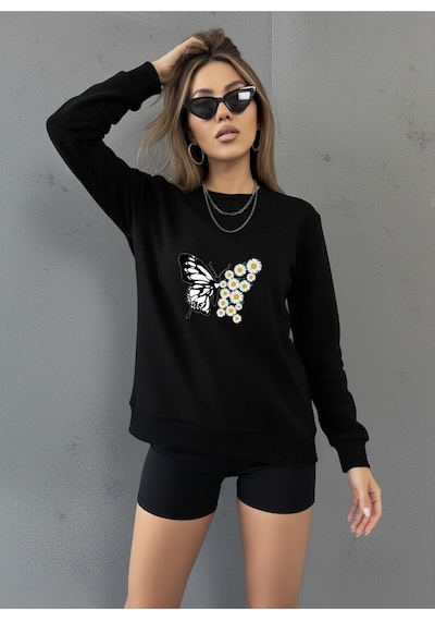 Uyguntarz Unisex Papatya Kelebek Baskılı Tasarım Oversize Bisiklet Yaka Sweatshirt siyah