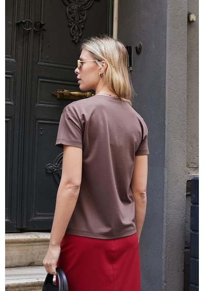 Jument Kadın V Yaka Kısa Kol Likralı Span Kumaş Şık T-shirt Bluz-kahve Kahve