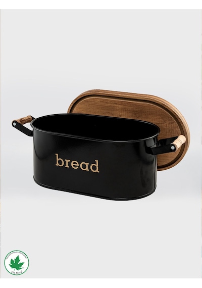 Ahşap Kapaklı Ahşap Kulplu Metal Ekmeklik Bread Baskılı - Siyah Siyah