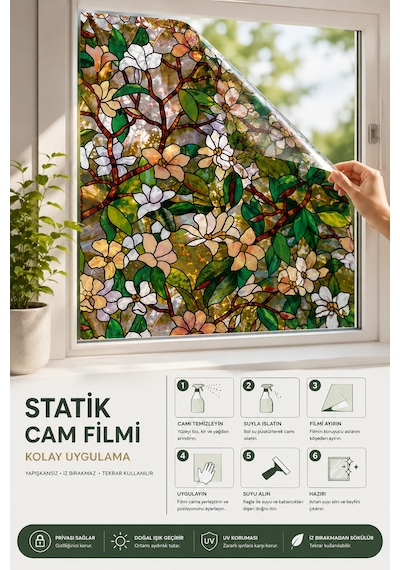 Deconitte Desenli Vitray Gürünümlü Statik Cam Filmi 60x100 Cm Yapışkansız Dekoratif Pencere Folyosu, Buzlu Cam Kaplama Kumlama