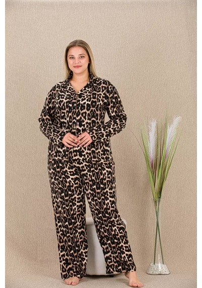 Naam Büyük Beden Leopar Desenli Düğmeli Uzun Kol Viskon Pijama Takımı Çok Renkli