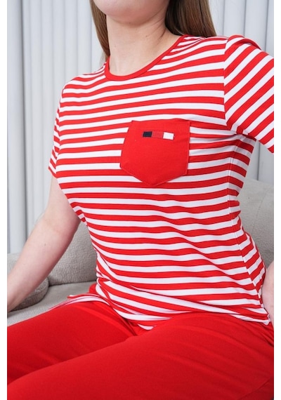 Mecit Pijama Mecit 6202 Kırmızı Çizgili Büyük Beden Kadın Pijama Takımı Kırmızı