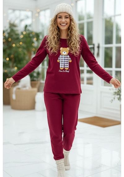 Siyah İnci Ayıcık Baskılı Örme Pijama Takım 7968 Bordo Siyah İnci Ayıcık Baskılı Örme Pijama Takım 7968 Bordo