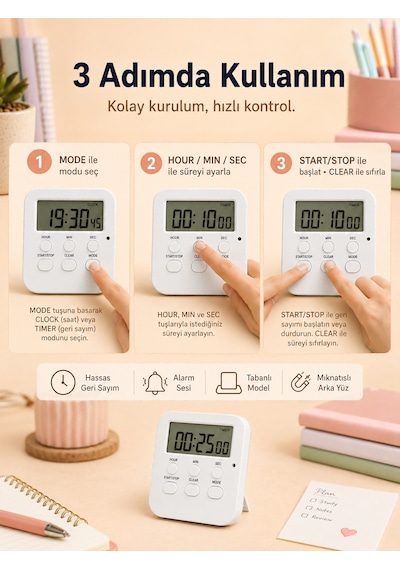 Öğrenci Ders Çalışma Saati Kronometreli Araç Saati Mutfak Buzdolabı Magnet Saat Sınavlara Hazırlık Beyaz