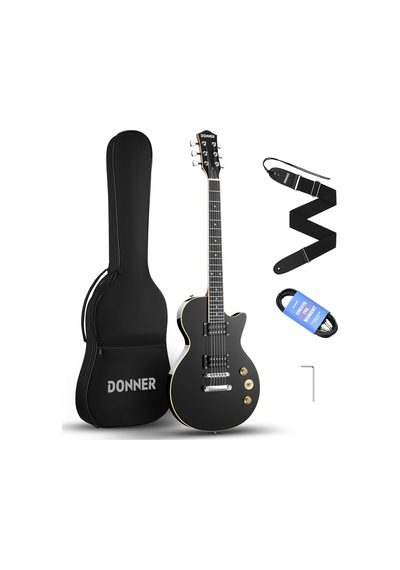 Donner Lp Elektro Gitar Kiti Tam Boy Gitar Başlangıç Seti 90 Cm 39 İnç Tek Parça Gövde, Çanta, Askı, Tel Lp Stili, Siyah