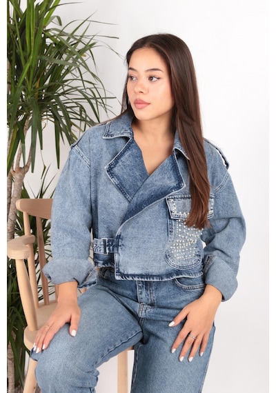 Lacarino 7660 Taşlı Kadın Jean Ceket Dark Blue Taşlı