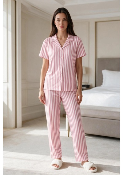 Findit Kadın Pembe Beyaz Çizgili Kısa Kollu Düğmeli Milan Kumaş Pijama Takımı