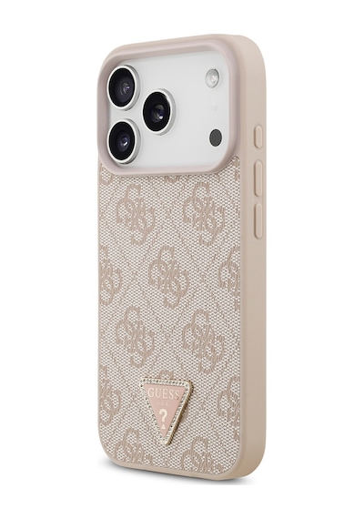 Apple iPhone Uyumlu 18 Pro Kılıf Guess Lisanslı M-safeli Pu Deri Taşlı Üçgen Logo 4g Desenli Strass Kapak Pembe