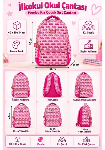 İlkokul Okul Çantası Barbie Pembe Kız Çocuk Sırt Çantası 40x30x14 Cm Desenli