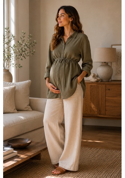 Luvmabelly Myra4300 Doğal Müslin Yazlık Hamile Gömlek Bluz - Yeşil