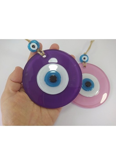 Ikili Set Opak Toz Pembe Ve Mor Nazar Boncuğu 10 Cm El Yapımı Cam