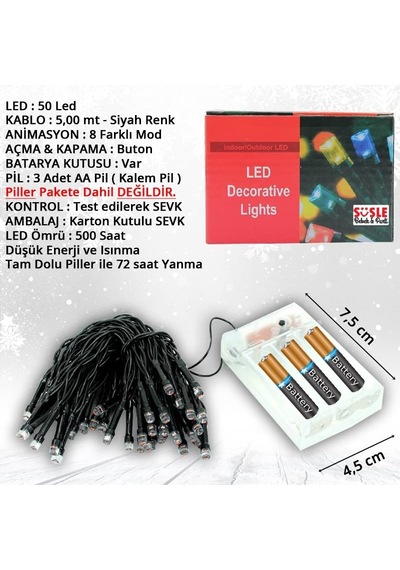 Süsle Bebek Ve Parti Pilli Animasyonlu 50 Led X 5 Mt - Kırmızı Led Işık Çok Renkli