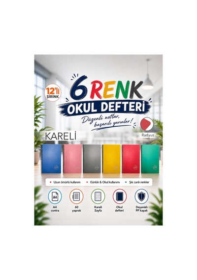 Pp Kapak Spiralli 60 Yaprak A4 Kareli 12 Adet Defter Çok Renkli