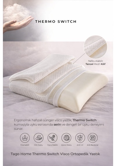 Tago Home Thermo Switch Visco Ortopedik Yastık 60x40x15 Cm Beyaz