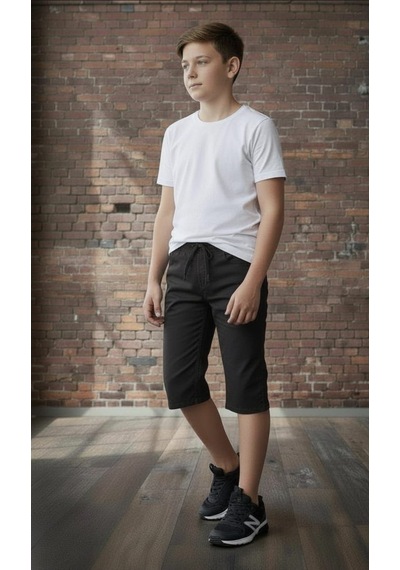 Black Steel Garson Boy Gabardin Kumaş Erkek Kapri Siyah