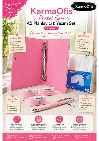 Pastel Pembe Seri A5 Planlayıcı Ve Yazım Seti 4 Halkalı Klasör, Versatil Kalem, Silgi Ve Şeffaf Dosya Pembe