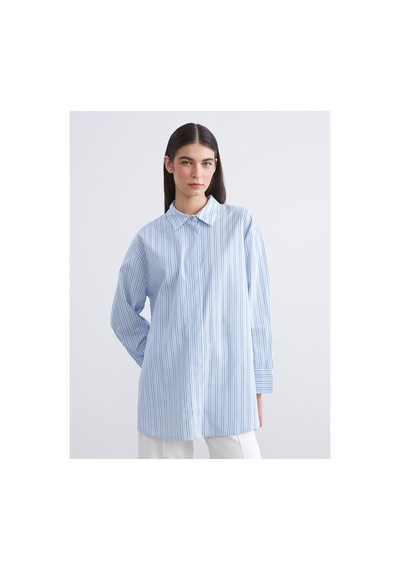 LC Waikiki Alıta Cıty Farkıyla Lcw Modest Mavi Çizgili Oversize Poplin Kadın Gömlek Tunik Mavi - 931522818 Mavi