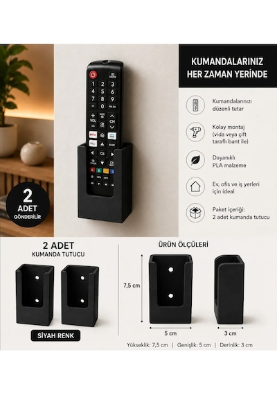 Veriqo 3d 2'li Duvar Kumanda Standı Tv Kumanda Askılığı Kendinden Yapışkanlı Kumanda Tutucu Siyah