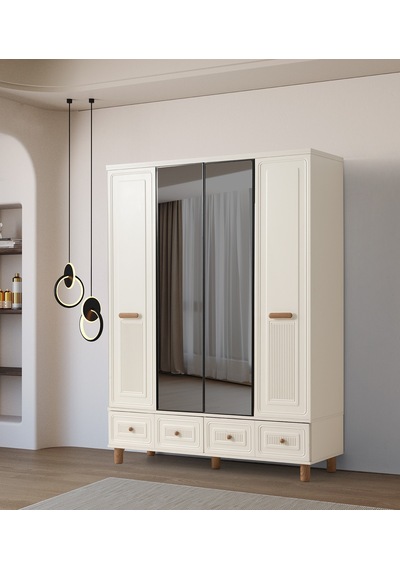 Lagos 4 Kapaklı %100 Mdf Elbise Dolabı Gardrop 154x54x212 Ekru