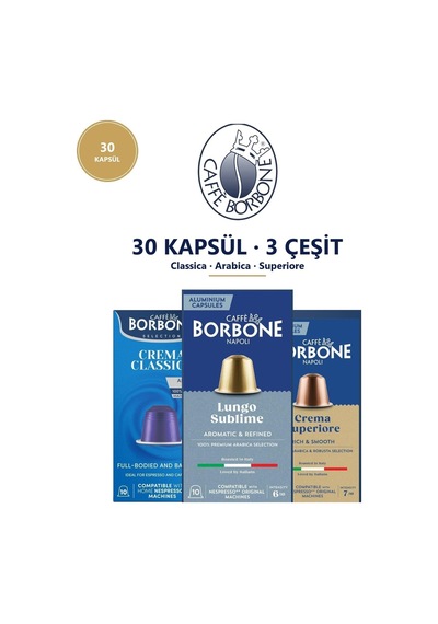 Caffe Borbone Classica Arabica Superiore 30'lu Nespresso Uyumlu Alüminyum Kapsül Kahve Deneme Seti 3x10