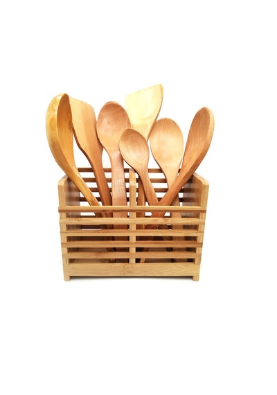 Standlı Ahşap Kepçe Kaşık Spatula Servis Seti 8prç
