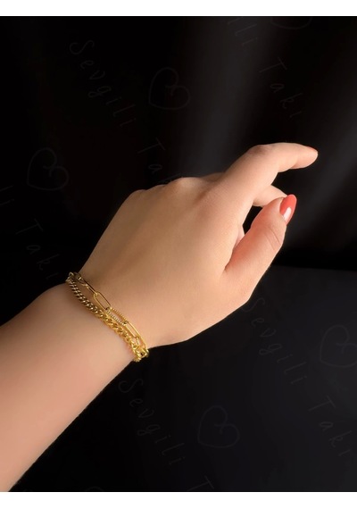 Sevgili Takı Paperclip Gurmet Model İki Zincirli Gold Çelik Bileklik Silver