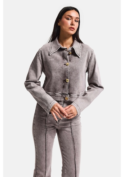 it's basic Kadın Gri 3s6-158 Crop Fit Esnek Kumaş Düğmeli Denim Ceket